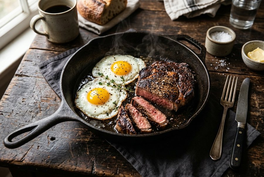 A cast-iron skillet of steak and eggs on a farmhouse table